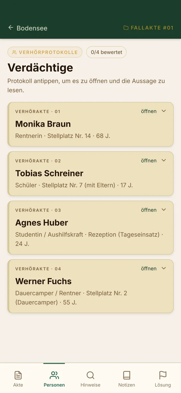 Verhörprotokolle der Verdächtigen