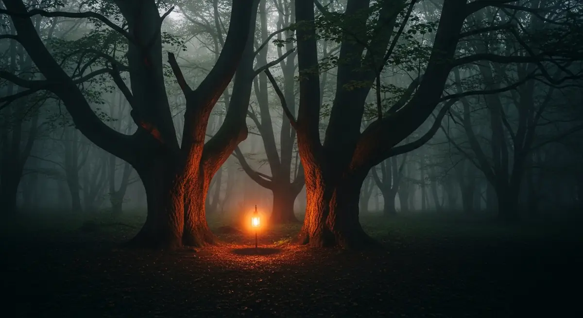 Nebliger Wald mit warmem Licht als atmosphärisches Motiv für Camping-Reiseziele