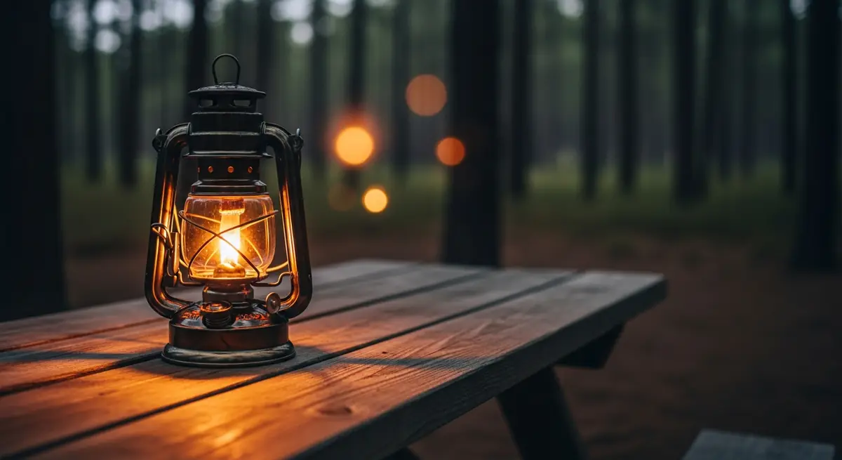 Camping-Laterne auf einem Holztisch bei Nacht