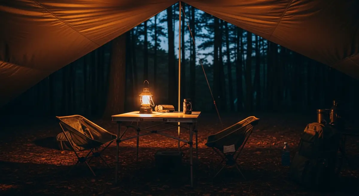 Campingtisch im Vorzelt bei Nacht mit Laternenlicht