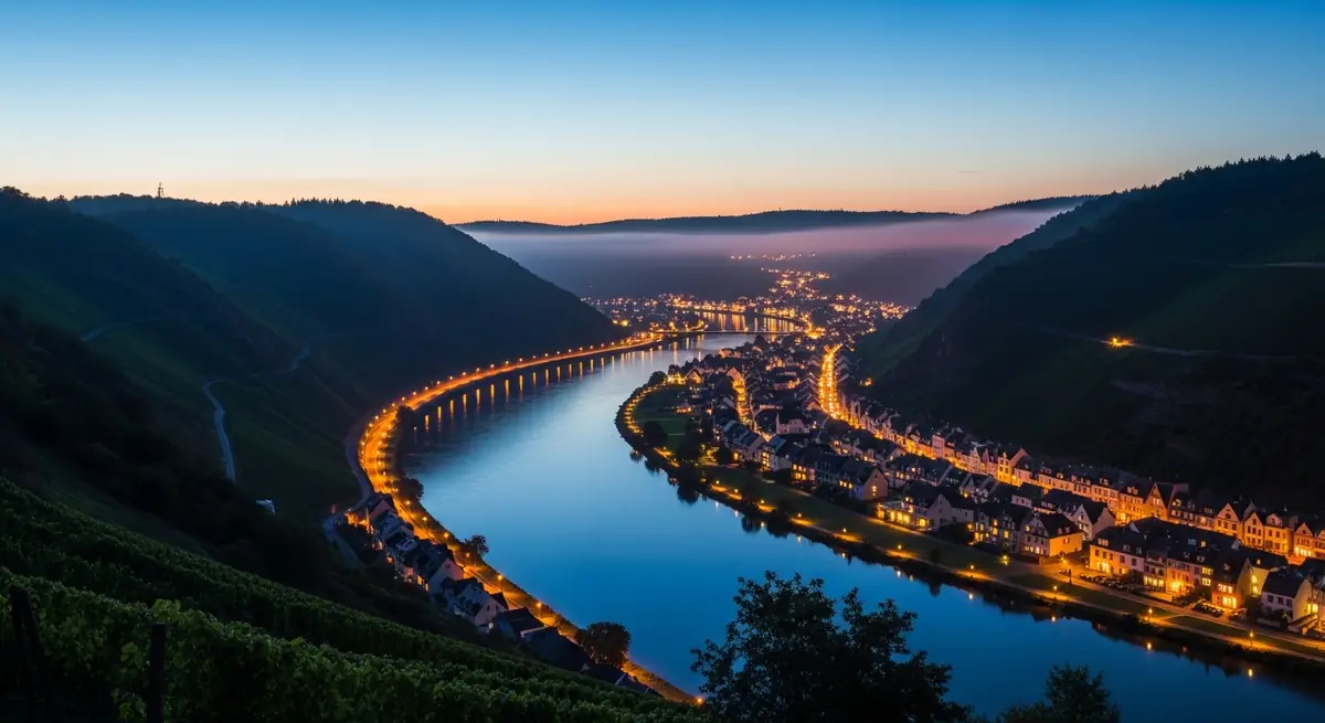 Abendliche Flusslandschaft mit Weinbergen als Camping-Krimi-Kulisse an der Mosel