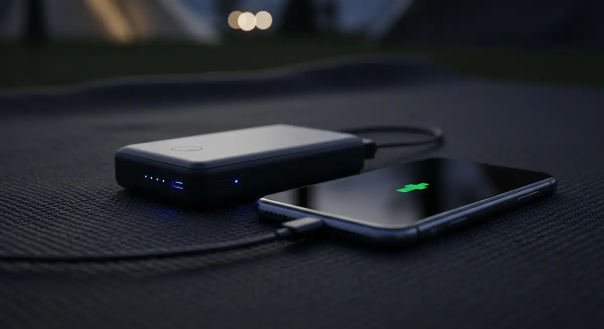Powerbank lädt ein Smartphone auf einer Campingdecke