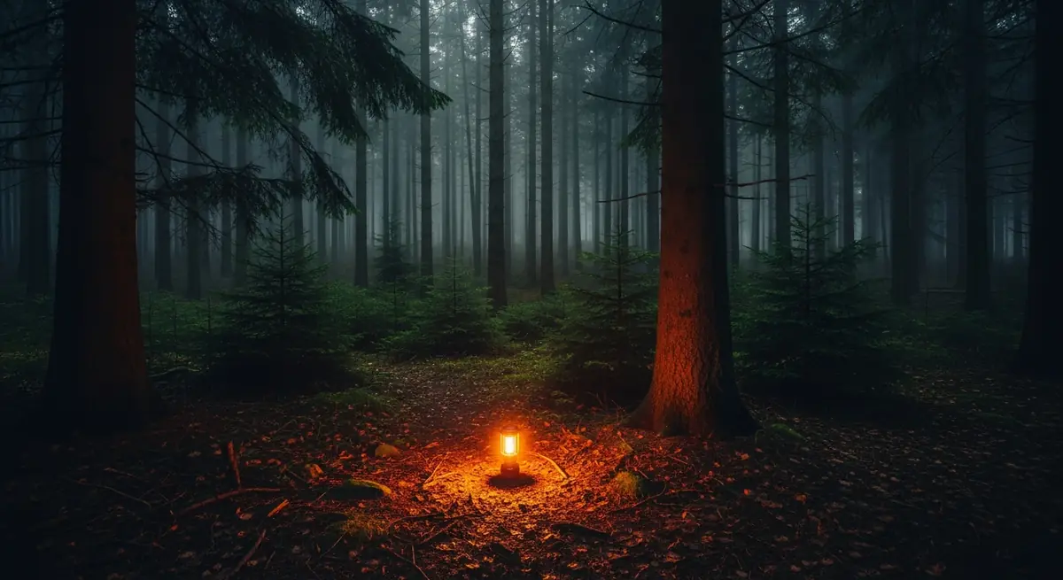 Dunkler Wald mit Nebel und warmer Laterne als Kulisse für Camping im Schwarzwald